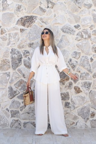 Beyaz Kısa Kollu Üst Standart Beli Büzgülü Takım