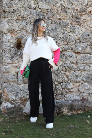 Beyaz Kolu Pembe Örgü Standart Beden Sweat