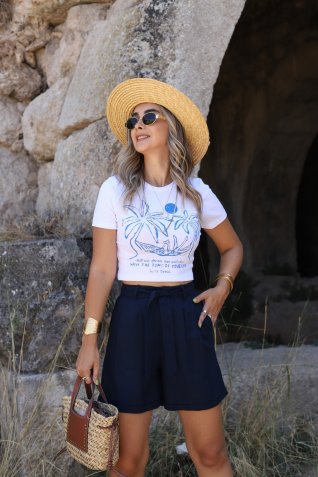 Beyaz Mavi Hawaii Ağacı Tshirt