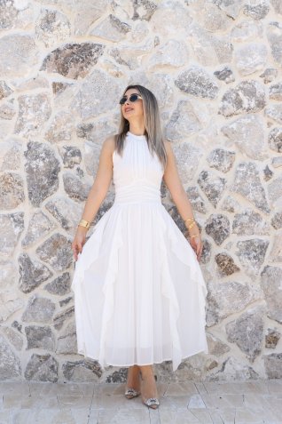 Beyaz Önü Büzgülü Fırfırlı Şifon Elbise