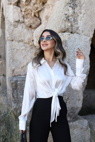 Beyaz Saten Bağlamalı Crop Gömlek