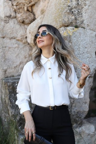 Beyaz Saten Gold Düğme Detay Gömlek