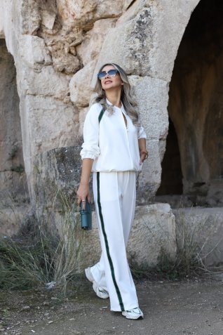 Beyaz Scuba Kumaş Yeşil Şeritli Eşofman Takımı