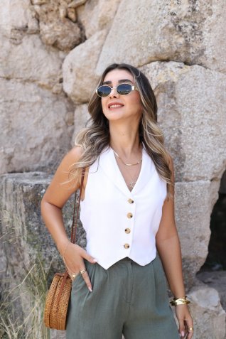 Beyaz Sırt Dekolte Keten Yelek