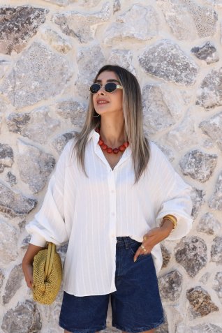 Beyaz Standart Beden Çizgili Oversize Gömlek