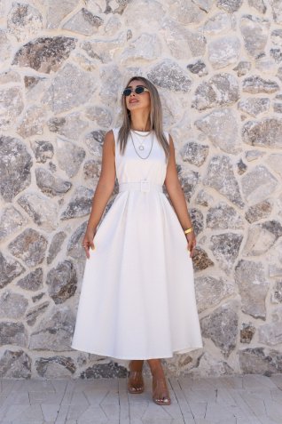 Beyaz Taşlı Kemerli Halter Kloş Elbise