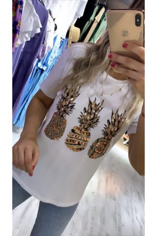 Beyaz Üçlü Ananas Detay Tshirt