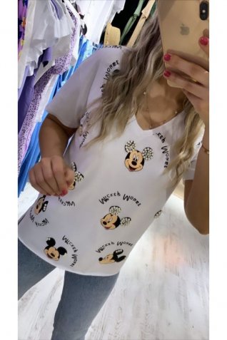 Beyaz V Yaka Micky Detay Basic Tshirt