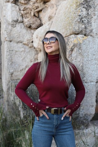 Bordo Balıkçı Yaka Standart Beden Kolu Droplu Kazak