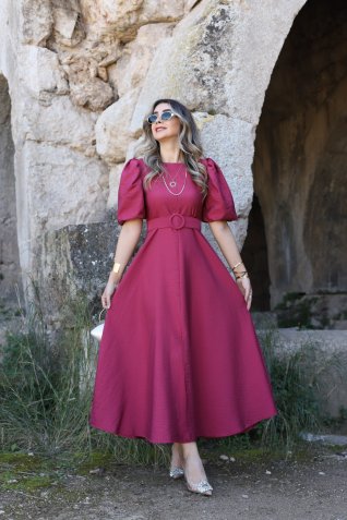 Bordo Balon Kol Kalın Kemerli Elbise