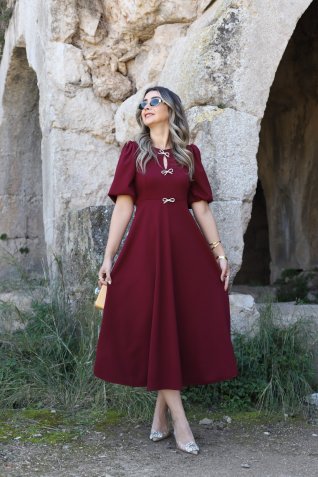 Bordo Balon Kol Kurdeleli Elbise