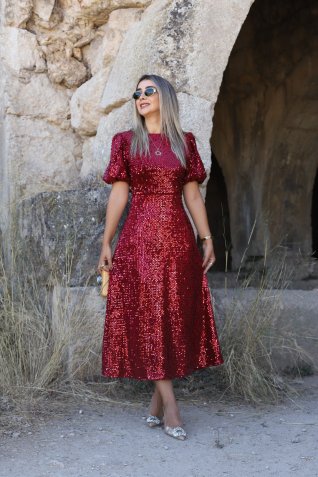 Bordo Balon Kol Pulpayet Elbise