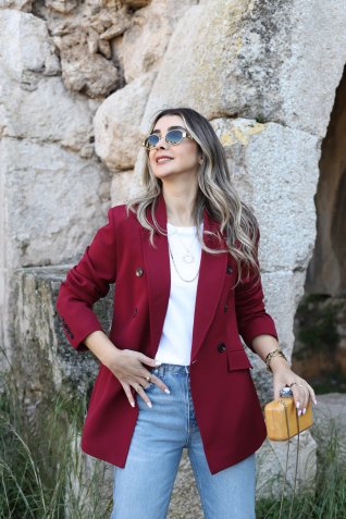 Bordo Cep Detaylı Düğmeli Blazer