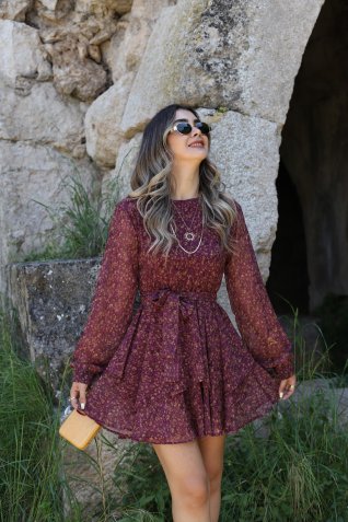 Bordo Çiçek Desen Beli Lastikli Astarlı Şifon Elbise