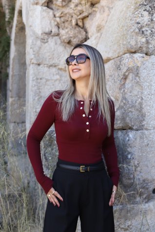 Bordo Çıtçıtlı Uzun Kol Bluz