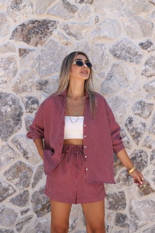 Bordo Çizgili Üst Standart Gömlek Şort Takım