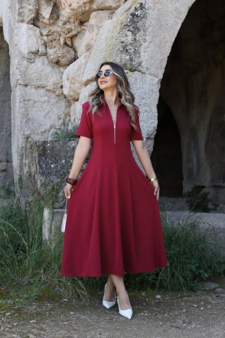 Bordo Cotton Yarım Fermuar Detay Çan Elbise