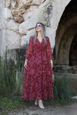 Bordo Desenli Kat Kat Şifon Elbise