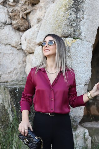 Bordo Dökümlü Saten Gold Düğmeli Gömlek