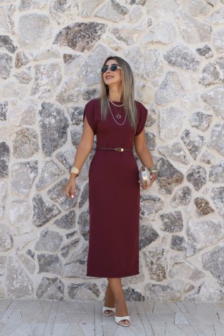 Bordo Düz Kesim İnce Kemerli Elbise