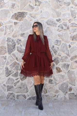 Bordo Etek Ucu Dantelli Şifon Elbise