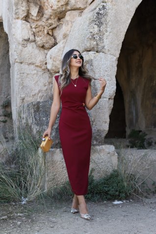 Bordo Gold Drape Detay Yanı Yırtmaçlı Elbise