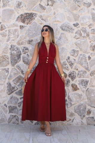 Bordo Gold Düğmeli Boyun Bağlamalı Elbise