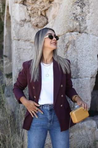Bordo Gold Düğmeli Premium Kruvaze Blazer