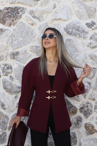 Bordo Gold Kanca Düğmeli Yakasız Ceket