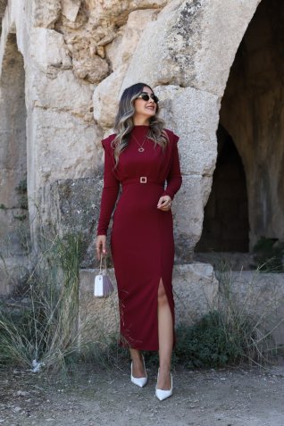 Bordo Gold Tokalı Yırtmaçlı Elbise