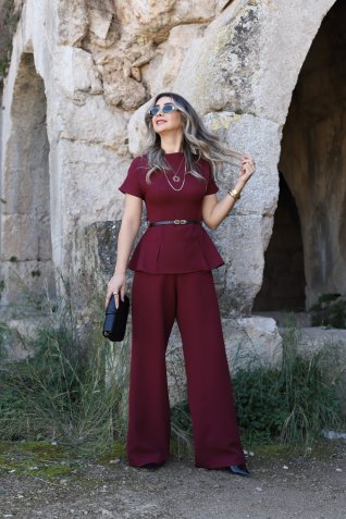 Bordo İnce Kemerli Kısa Kol Tulum