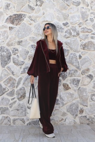 Bordo Kadife Üçlü Fermuarlı Takım
