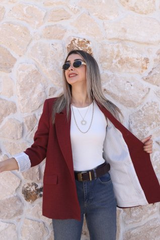 Bordo Keten Çizgili Astarlı Blazer