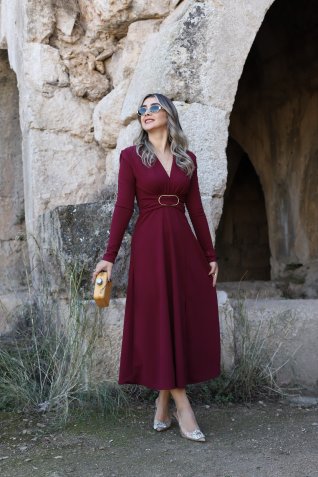 Bordo Kloş Gold Kemerli Elbise