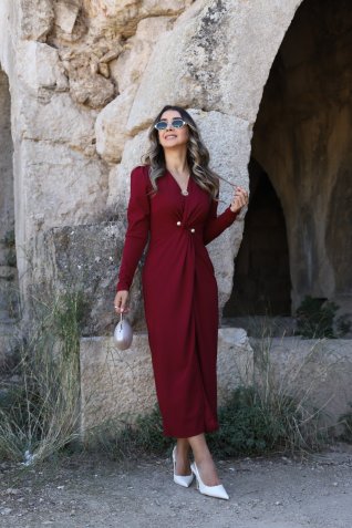 Bordo Kruvaze İnci Detay Elbise