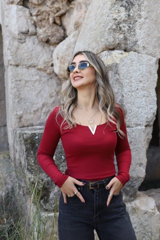 Bordo Metal V Detay Fitilli Bluz