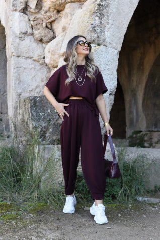 Bordo Modal Kumaş Üst Standart Tshirt Şalvar Takım