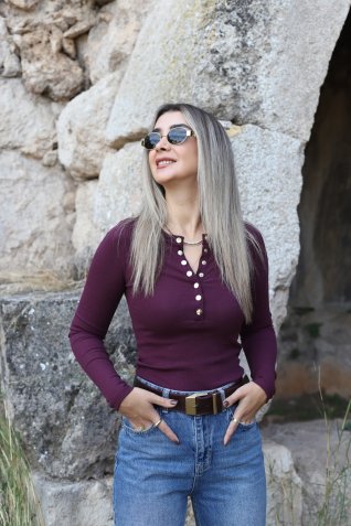 Bordo Patlı Düğmeli Bluz