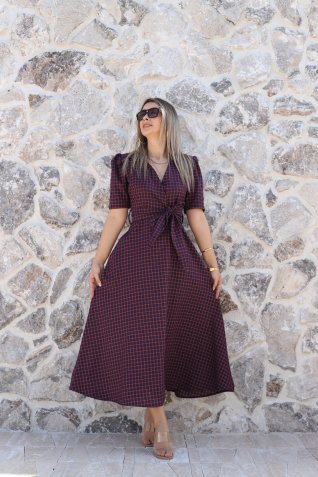 Bordo Polo Yaka Mini Kareli Elbise
