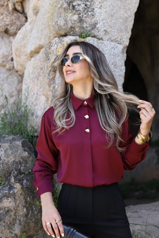 Bordo Saten Gold Düğme Detay Gömlek