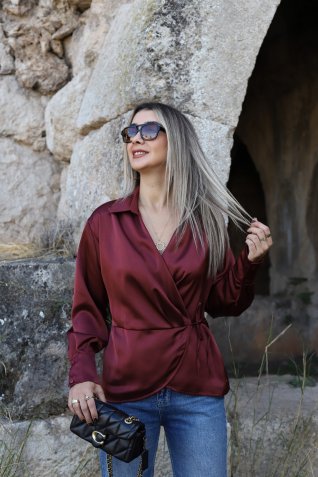 Bordo Saten Yandan Bağlamalı Gömlek