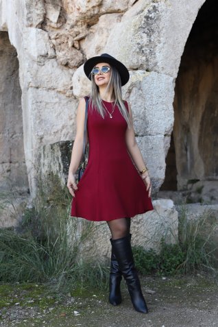 Bordo Sıfır Kol Basic Elbise