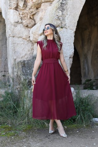 Bordo Sıfır Kol Taş Detay Kuşaklı Şifon Elbise