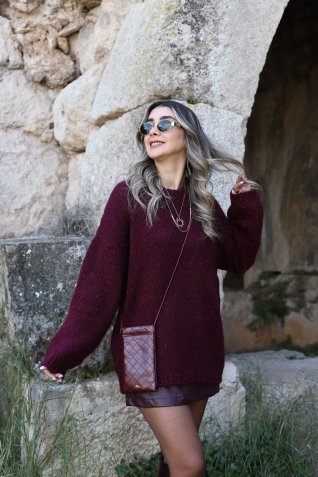 Bordo Standart Beden Buklet Yumoş Oversize Kazak