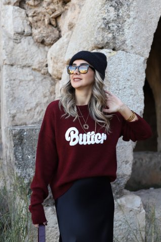 Bordo Standart Beden Butter Yazılı Kazak