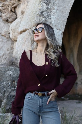 Bordo Standart Beden Gold Düğmeli Atletli Hırka