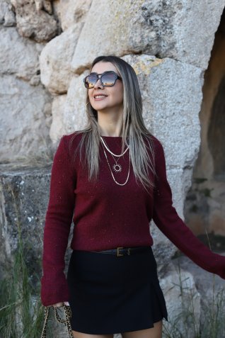 Bordo Standart Beden Kayık Yaka Pullu Simli Kazak