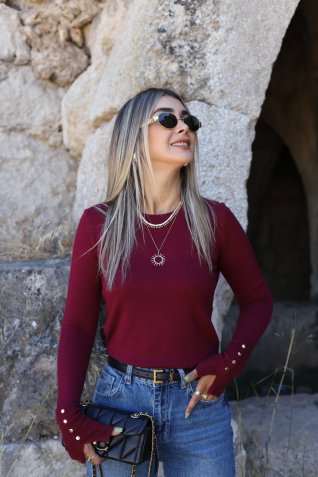 Bordo Standart Beden Kolu Droplu Kazak