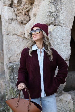 Bordo Standart Beden Kotlu Çıtçıtlı Hırka
