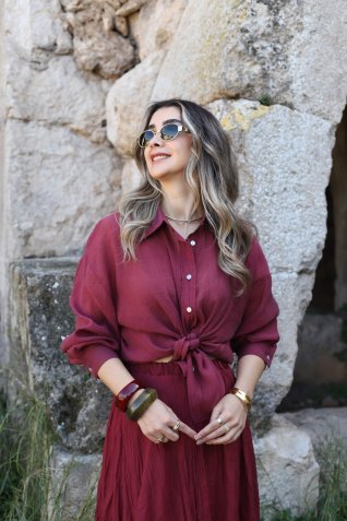 Bordo Standart Beden Oversize İpeksi Gömlek